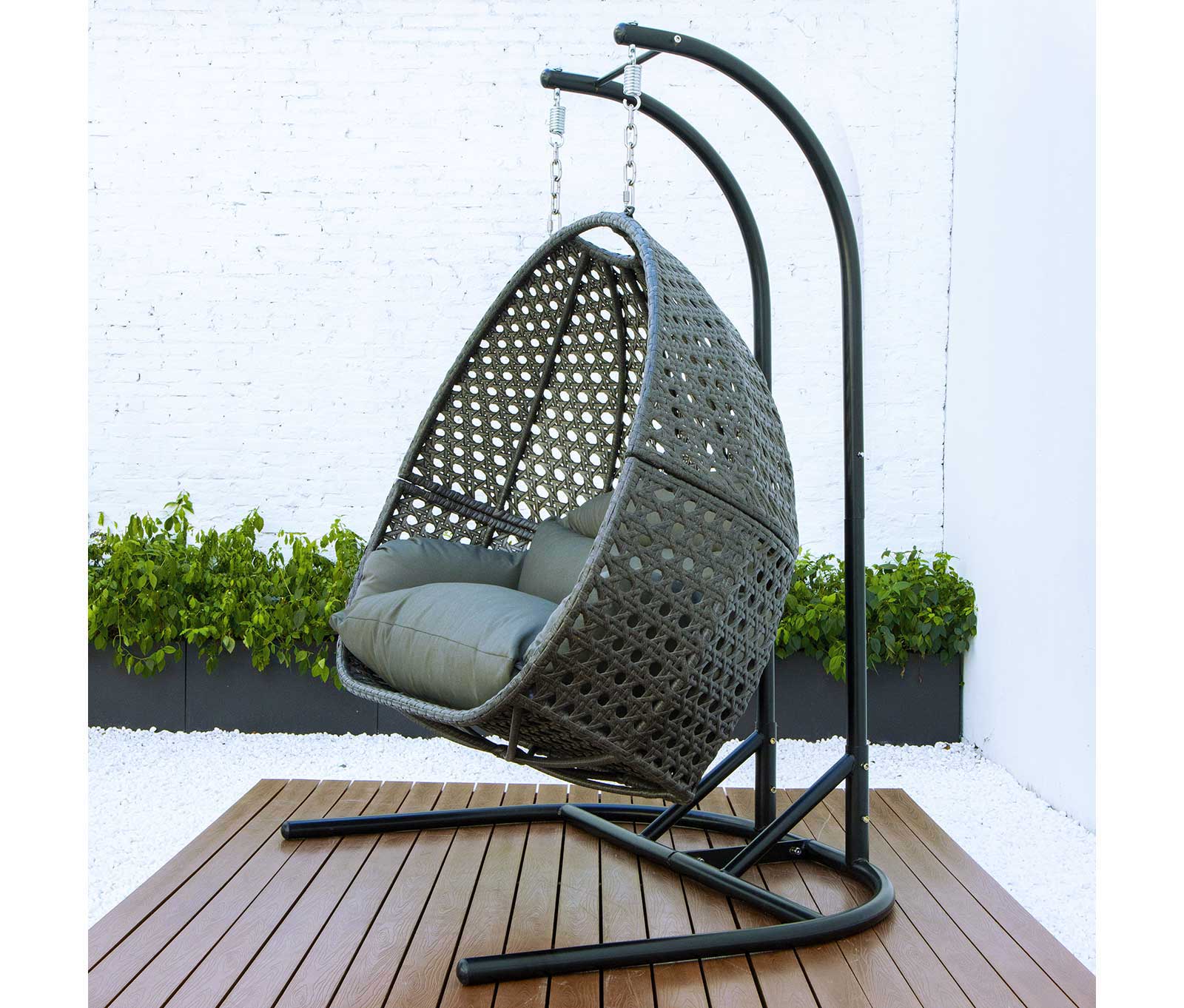 LeisureMod Wicker 2 Person Hanging Egg Swing Chair With Cushion Indoor  Outdoor Use in Charcoal Blue 